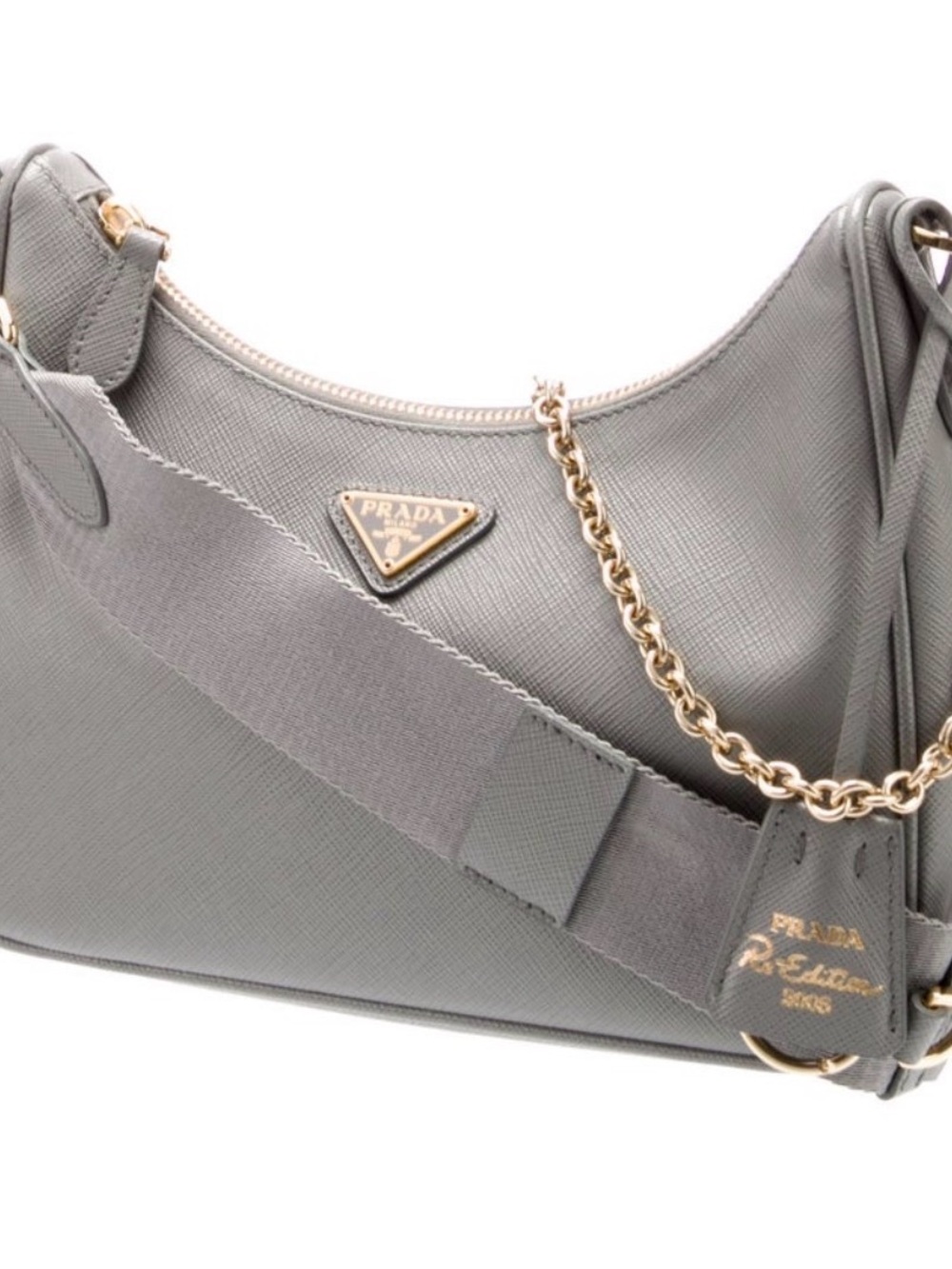 Prada Grey Saffiano Crescent Shoulder Bag with Gold Chain Detail - Picture 7 of 7